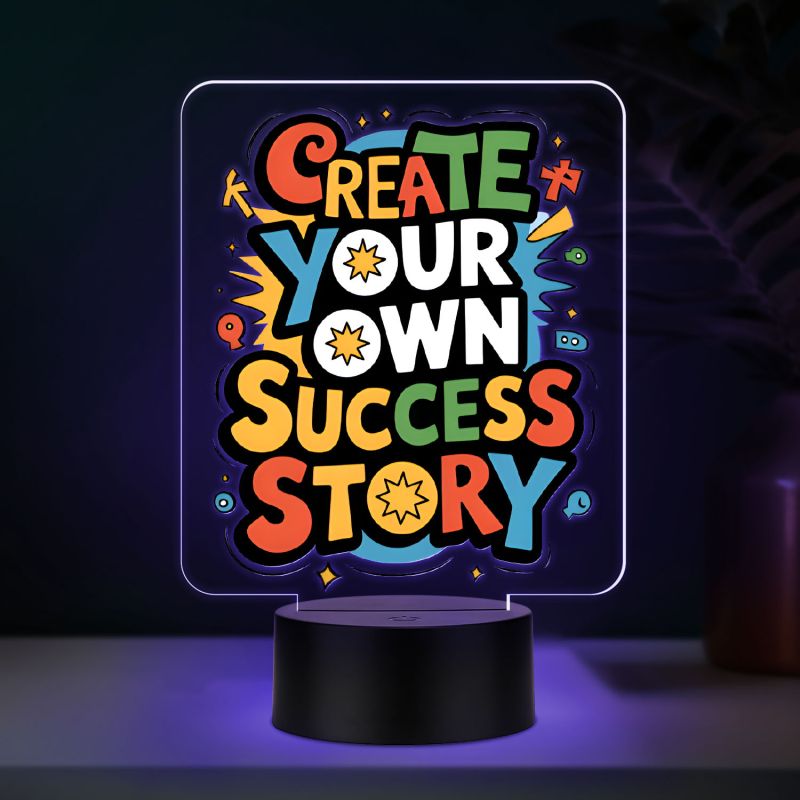 Motivational Create Your Own Success Story Quote Printed LED Desk Table Light with Automatic Color Changing Frame Inspirational Gift for Students, Friends, Men & Women